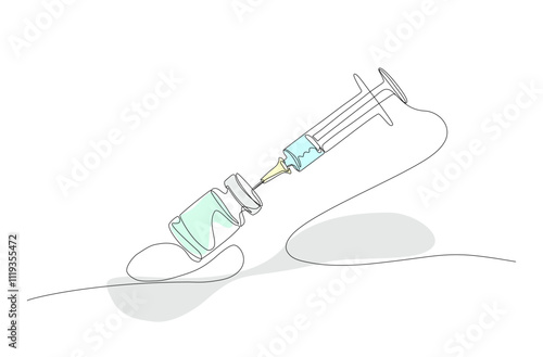 Continuous one line hand drawn of syringe and medicine vial, Syringe with needle and vaccine tube isolated on white background, Colour in, Vector illustration design 