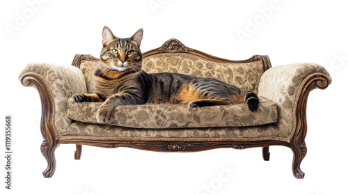 Feline Majesty on a Vintage Sofa: A tabby cat with mesmerizing green eyes lounges regally on a vintage sofa, its plush upholstery and intricate carvings creating a backdrop of elegance. photo