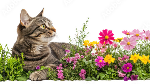 Cat in a Flower Garden: A tabby cat rests amidst a vibrant array of colorful flowers, creating a serene and picturesque scene. The cat's curious gaze adds a touch of intrigue. 