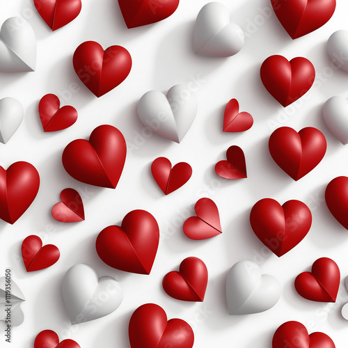 Background with 3D red and white hearts, Valentine's Day, romantic