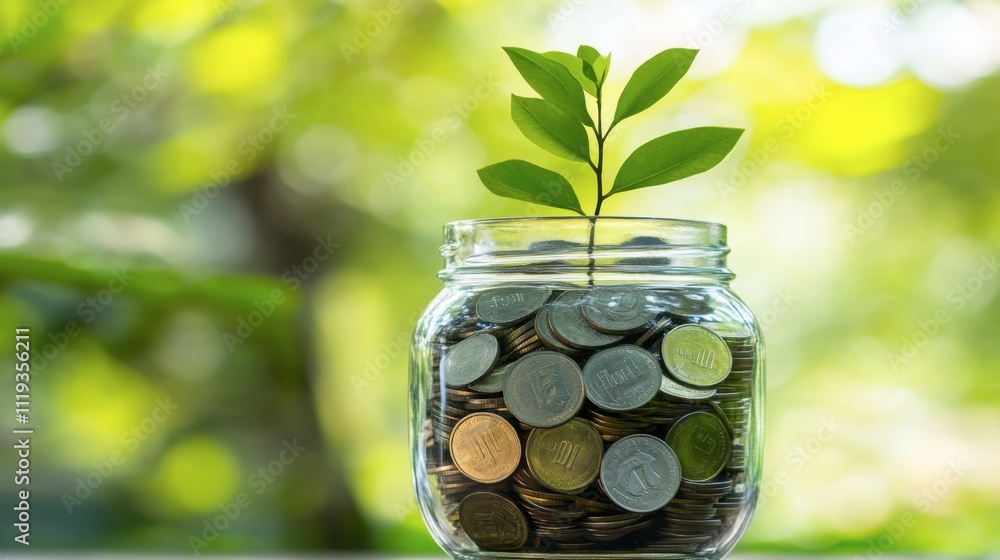 Green Plant Growing from Jar of Coins Representing Wealth and Growth Green Plant Growing from Jar of Coins Representing Wealth and Growth