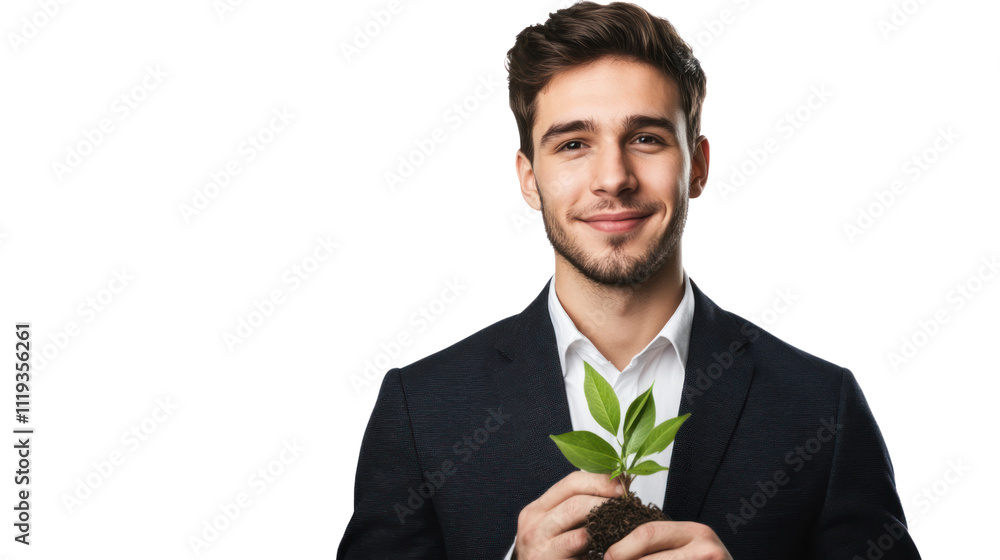 Growth and Success: A young businessman holds a small plant with a hopeful smile, embodying the potential for growth and prosperity. This image conveys optimism, ambition. Growth and Success: A young businessman holds a small plant with a hopeful smile, embodying the potential for growth and prosperity. This image conveys optimism, ambition.