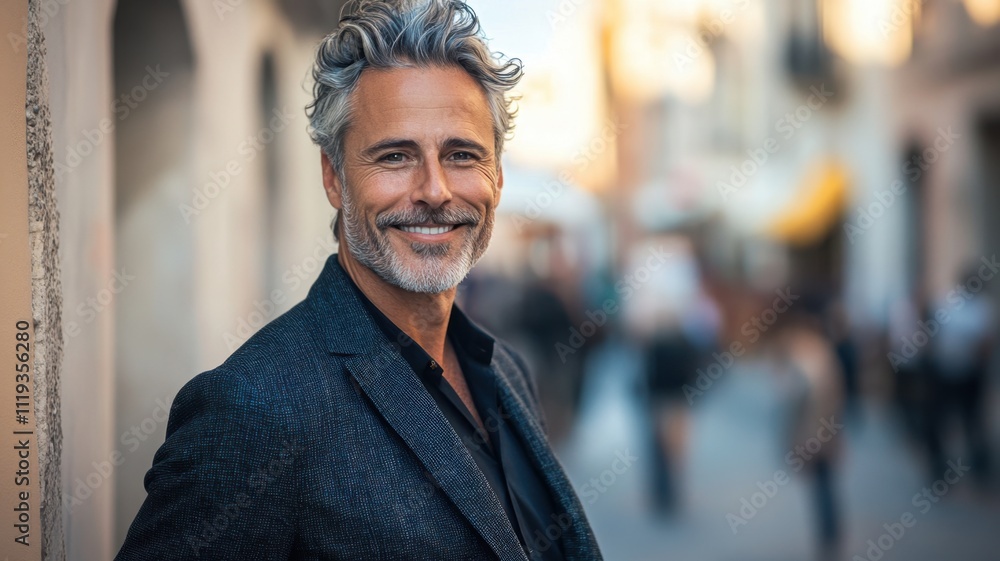 Stylish older man middle aged model with gray hair and beard wearing a blazer walking down the street in the city Stylish older man middle aged model with gray hair and beard wearing a blazer walking down the street in the city