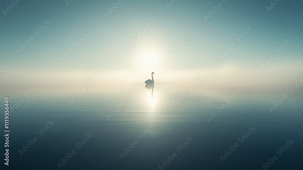 Fototapeta premium Serene Swan Silhouette in Misty Sunrise Over Still Water