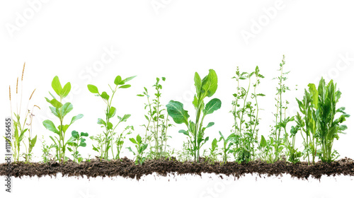 A Row of Green:  A row of fresh, vibrant green plants emerges from rich, brown soil, symbolizing growth, development, and the cycle of life.  A perfect representation of renewal, progress. photo