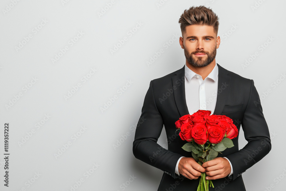 Handsome man in a classic black suit holding a bouquet of red roses against a neutral background in a stylish pose. Valentine's day Handsome man in a classic black suit holding a bouquet of red roses against a neutral background in a stylish pose. Valentine's day