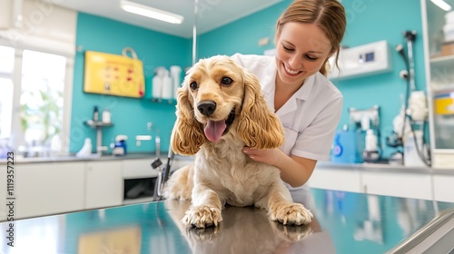 Caring Veterinarian Assisting Happy Dog in Modern Veterinary Clinic with Bright Blue Walls and Clean Equipment for Animal Health and Wellness