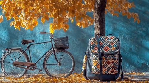 A modern backpack with autumn colors and patterns, propped against a vintage bicycle parked beside a tree shedding golden leaves. photo