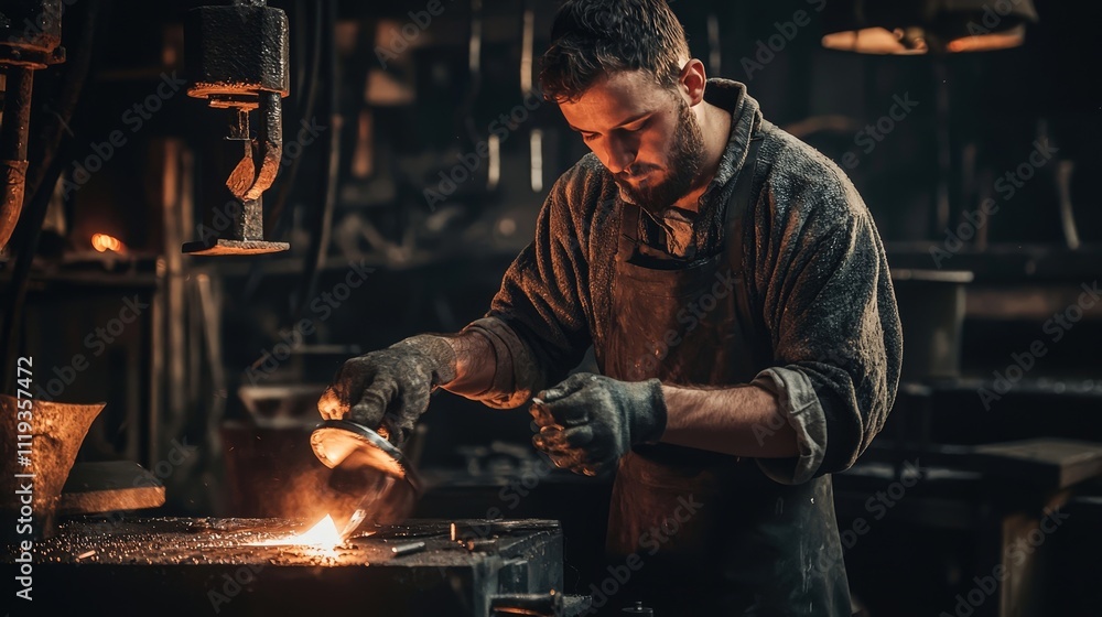 Foundry worker makes castings from liquid metal and various alloys Foundry worker makes castings from liquid metal and various alloys