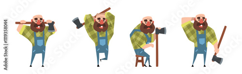 Man Lumberjack Character with Axe Chopping Wood Vector Set