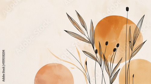 Minimal botanical illustration with abstract orange circles.