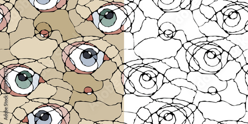 Abstract seamless pattern with tangled black lines on a beige background. Fresco with eyes or head of a bird with a beak. Vector doodle background with wavy stripes. Neurographic lines. Psychedelia