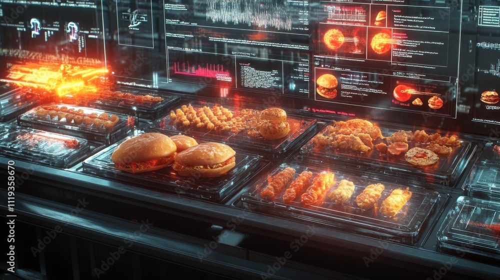 Futuristic Fast Food Display with Digital Interface and Glowing Lights Futuristic Fast Food Display with Digital Interface and Glowing Lights