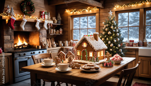 Warm and Cozy Christmas Eve Kitchen with Gingerbread House and Holiday Cheer