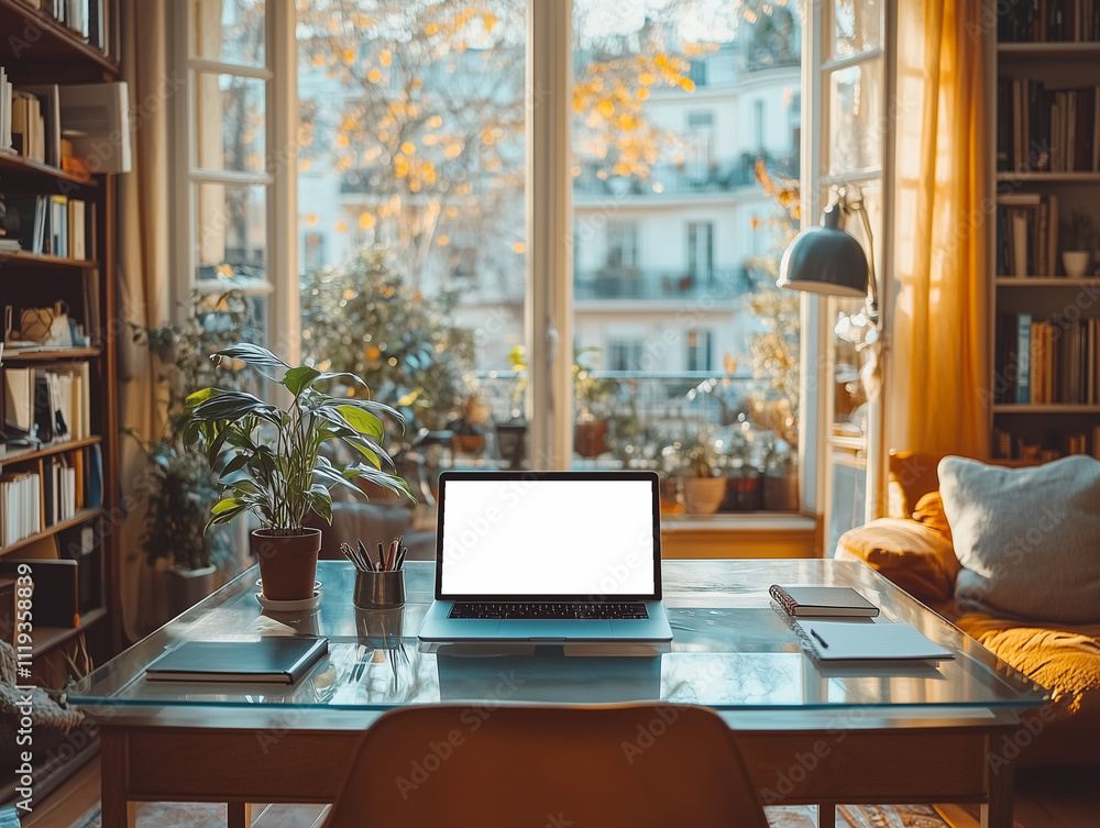 A clean and minimalist workspace with a sleek white desk, a slim laptop, and a single potted plant. A clean and minimalist workspace with a sleek white desk, a slim laptop, and a single potted plant.