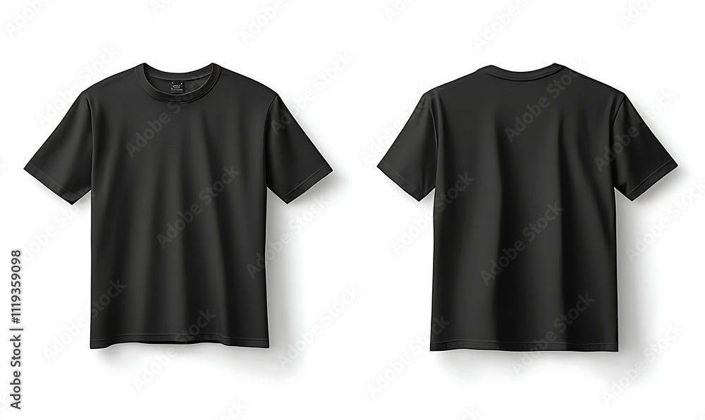 versatile black tshirt mockup front and back views floating against crisp white background clean lines and shadows emphasize product details for professional presentation, Generative Ai versatile black tshirt mockup front and back views floating against crisp white background clean lines and shadows emphasize product details for professional presentation, Generative Ai