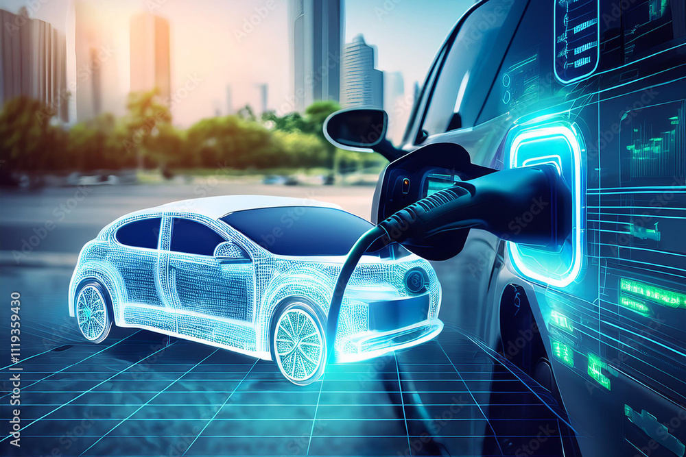 EV car plug in with charging station to recharge electricity from EV charger display battery status hologram EV car plug in with charging station to recharge electricity from EV charger display battery status hologram