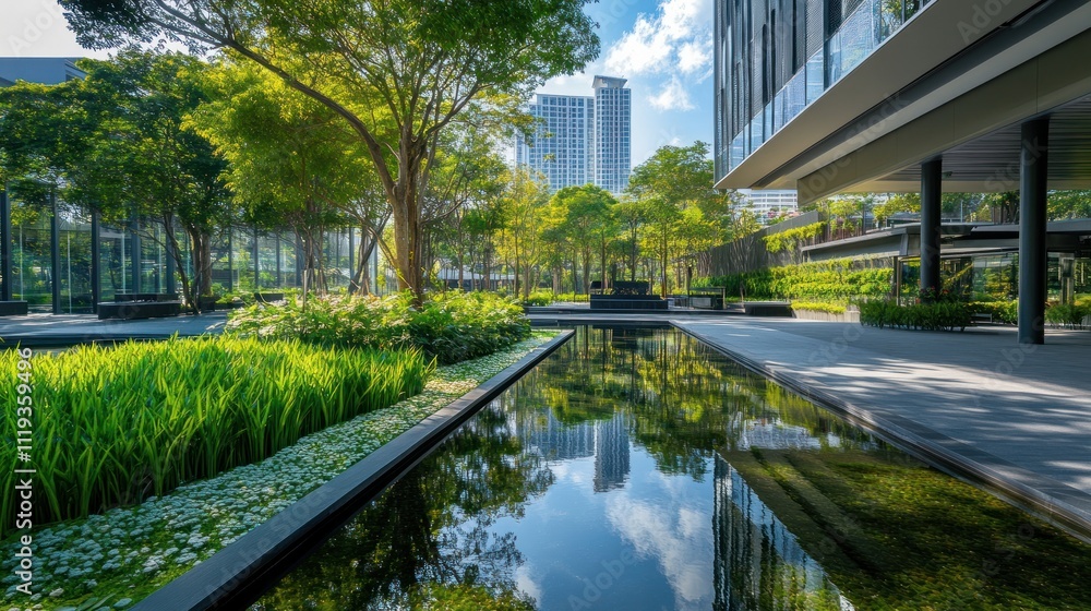 Naklejka premium Modern Building's Tranquil Oasis: A Serene Reflection Pond Amidst Lush Greenery