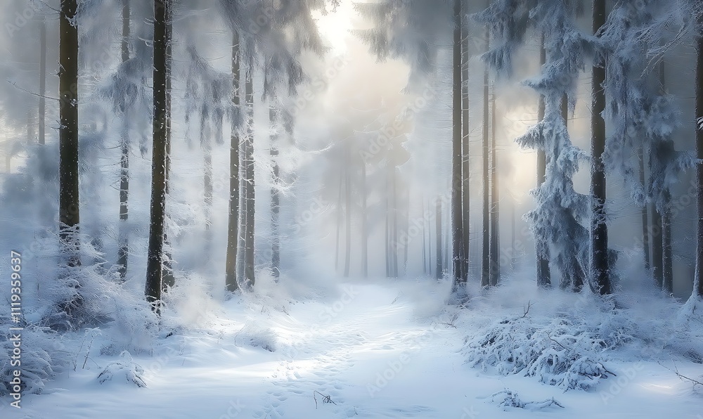 Naklejka premium winter wonderland serene snowcovered forest landscape with frosted trees and misty atmosphere nature photography, Generative Ai