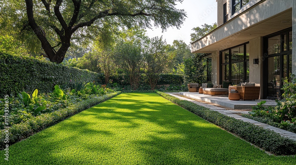 Lush green lawn with manicured hedges, bordering a modern home's patio. Lush green lawn with manicured hedges, bordering a modern home's patio.