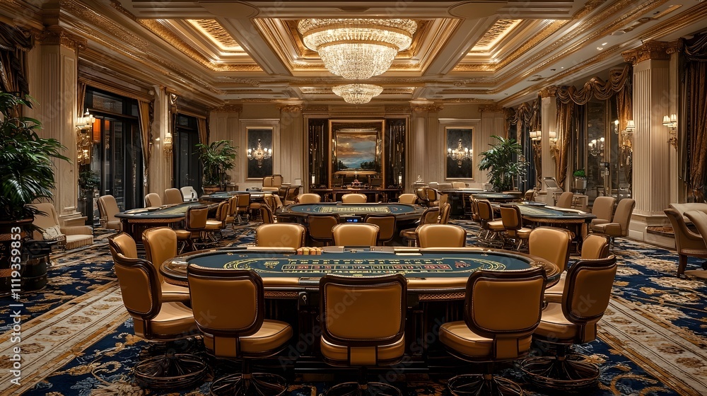 A large casino with many tables and chairs