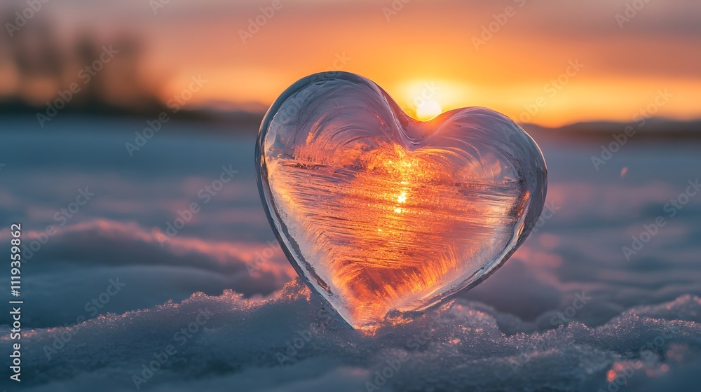 Fototapeta premium A stunning heart-shaped ice sculpture glimmers in the snow, reflecting the warm hues of a breathtaking sunset