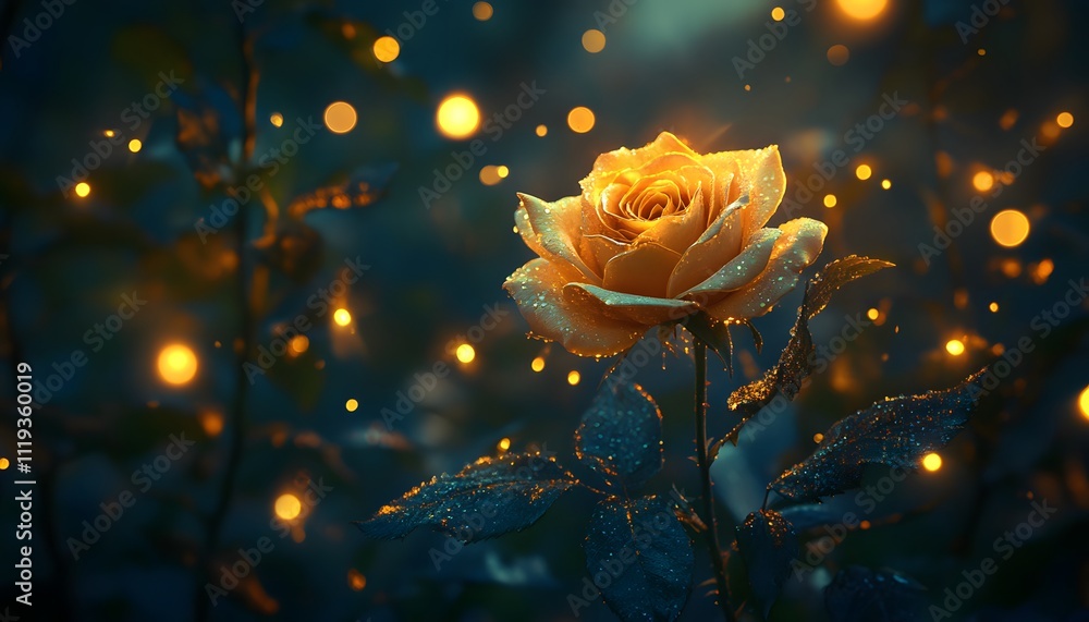 Obraz premium A stunning orange rose illuminated by a magical glow, surrounded by soft bokeh in a serene garden setting. Perfect for capturing the essence of beauty, nature, and tranquility.
