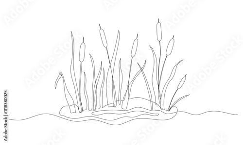 Reed one continuous line illustration. Hand drawn doodle drawing of pond on white background
