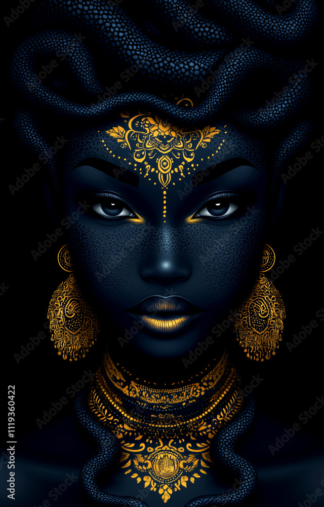 A woman with gold earrings and a gold necklace is the main focus of the image. The woman's face is the most prominent feature, and she is wearing a gold necklace and earrings A woman with gold earrings and a gold necklace is the main focus of the image. The woman's face is the most prominent feature, and she is wearing a gold necklace and earrings