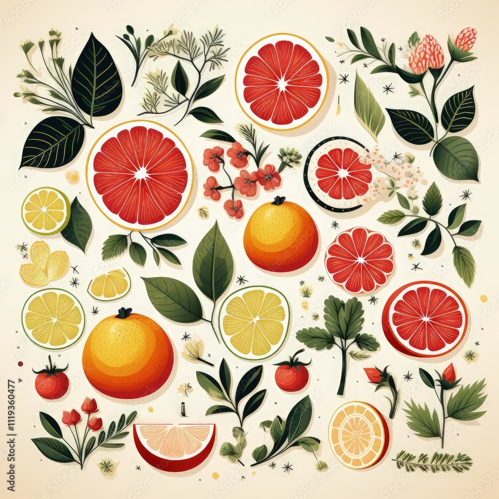 Bright Vector Illustration of 2D Fruits and Flowers Bright Vector Illustration of 2D Fruits and Flowers