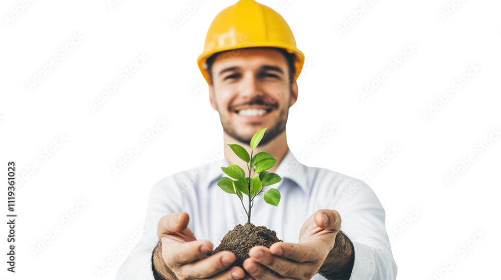 Green Thumbs Up: A construction worker beams with pride, holding a young sapling symbolizing growth, sustainability, and a brighter future. Green Thumbs Up: A construction worker beams with pride, holding a young sapling symbolizing growth, sustainability, and a brighter future.