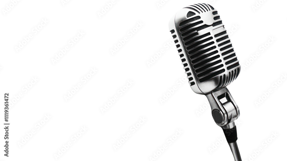 Fototapeta premium Vintage Microphone: An iconic vintage microphone stands ready to capture the sound of history, with its classic design and timeless appeal. The microphone is isolated against a clean background.