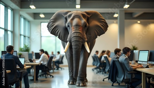 Creative concept of elephant in workplace with colleagues at work