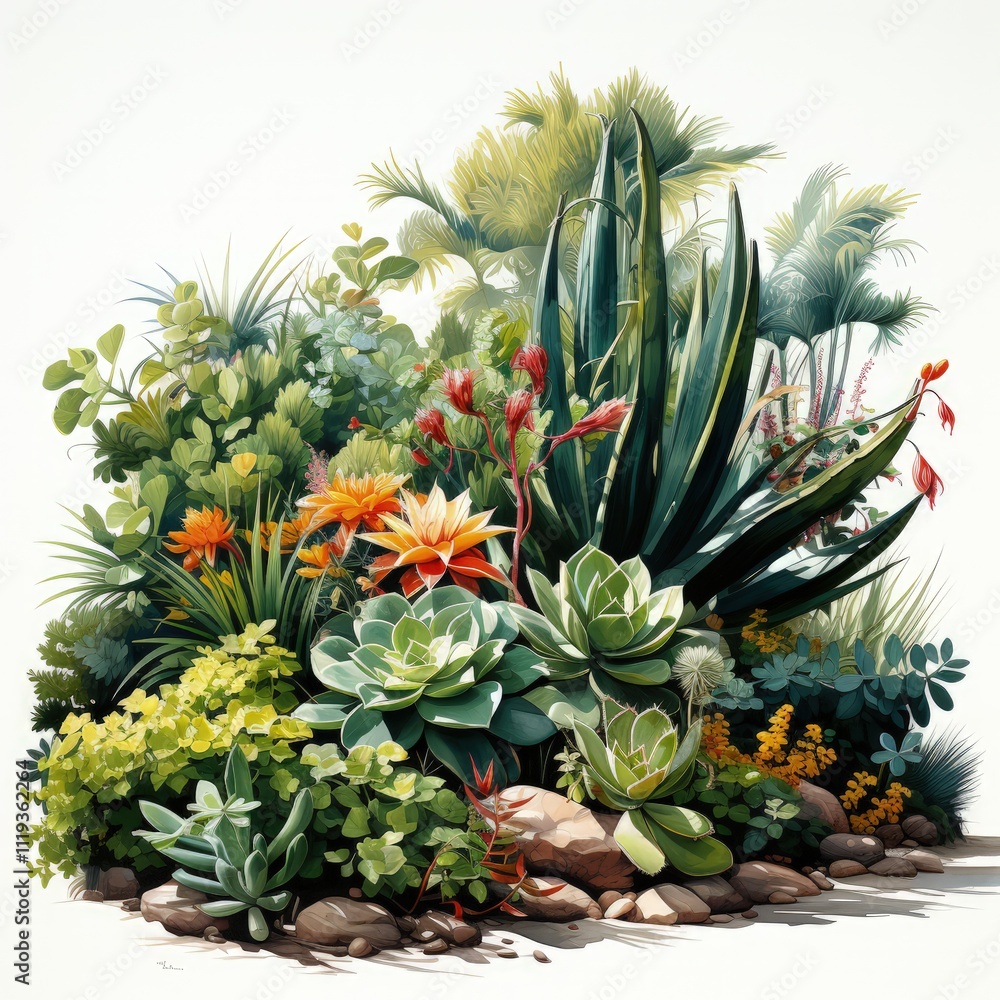 Fototapeta premium A Lush Green Oasis with Tropical and Mediterranean Plants for Outdoor Living