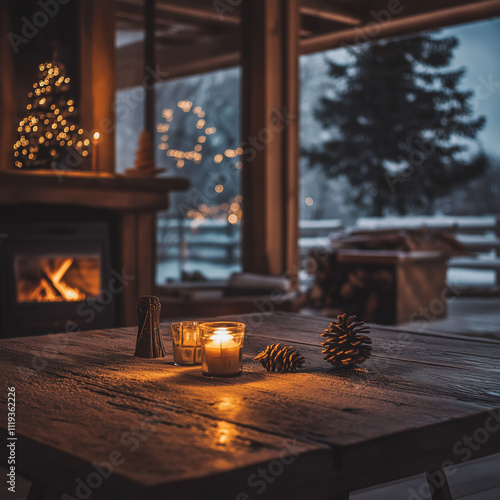 winter festive festival Christmas snow celebration cozy warm home living room indoor wooden table lit candles snowy landscape peaceful atmosphere fireplace 