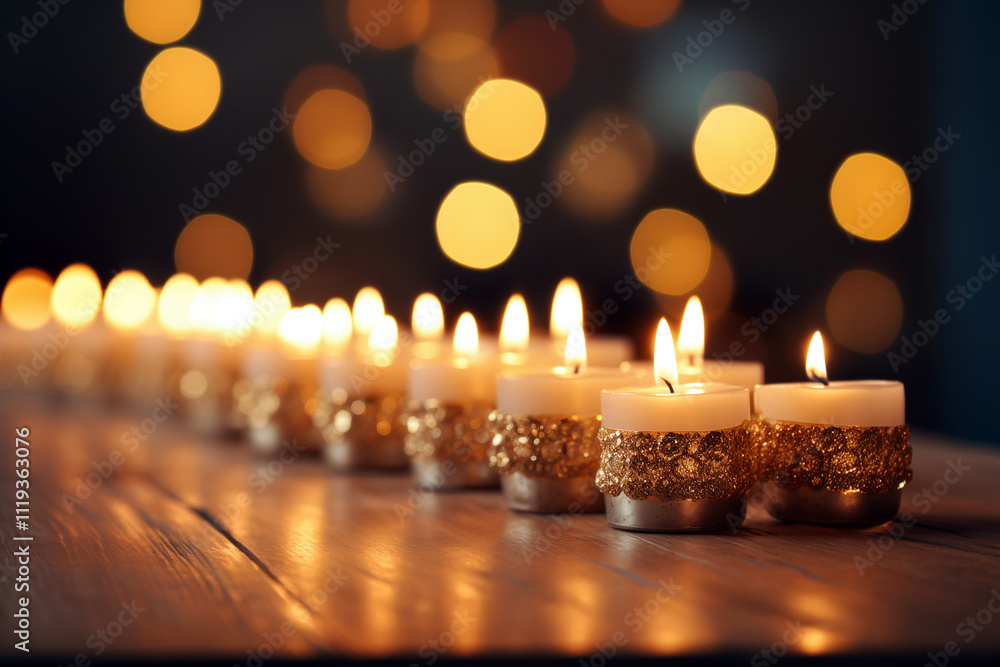A menorah with glowing candles on a wooden table, softly lit with blurred background bokeh A menorah with glowing candles on a wooden table, softly lit with blurred background bokeh