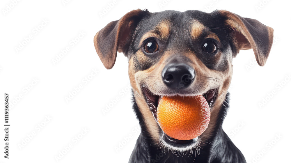 Playful Pup: Portrait of an adorable mixed breed dog happily holding an orange tennis ball in its mouth. A joyful image perfect for pet-related projects. Playful Pup: Portrait of an adorable mixed breed dog happily holding an orange tennis ball in its mouth. A joyful image perfect for pet-related projects.