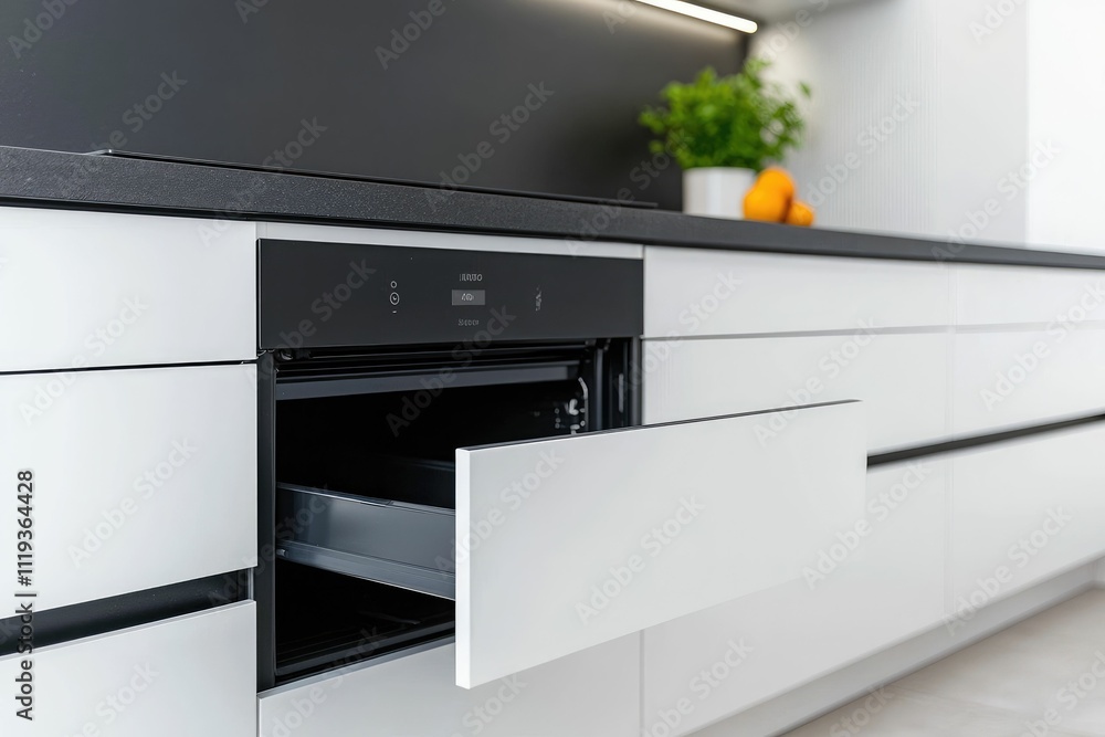 Modern white kitchen with built-in oven, open drawer, and granite countertop. Modern white kitchen with built-in oven, open drawer, and granite countertop.