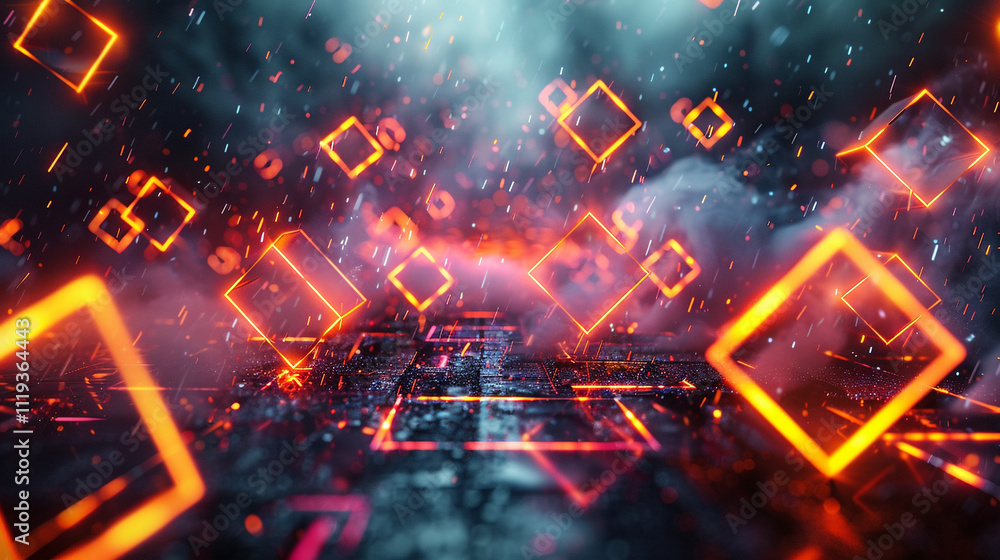Neon squares fall like rain in a void of smoky darkness, with glowing lines intersecting in a mesmerizing dance of colors and shadows. Neon squares fall like rain in a void of smoky darkness, with glowing lines intersecting in a mesmerizing dance of colors and shadows.
