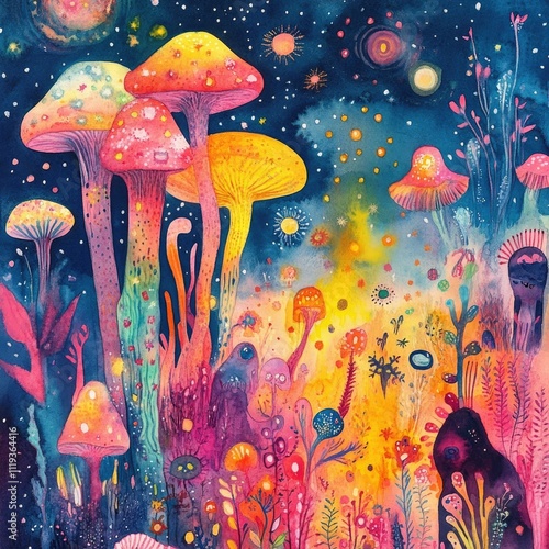 Vibrant and psychedelic boho watercolor designs featuring trippy cartoon mushroom characters set against a backdrop of swirling gradient patterns  This imaginative surreal artwork has a whimsical