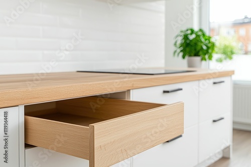 Open light wood kitchen drawer in modern white kitchen.