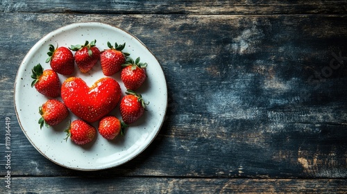 Fresh juicy heart shaped strawberries on a white plate. Valentine's Day, Mother's Day. Top view. Copy space photo