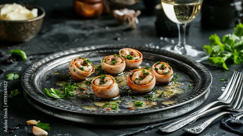 Gourmet Escargots with Parsley and Butter Sauce on a Rustic Plate photo