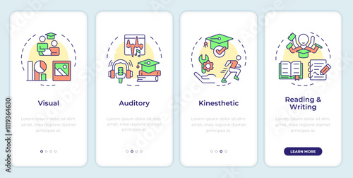 Learning styles onboarding mobile app screen. Education management walkthrough 4 steps editable graphic instructions with linear concepts. UI, UX, GUI template. Montserrat SemiBold, Regular fonts used