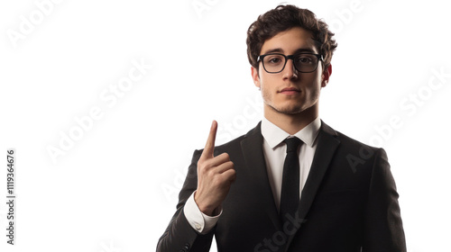 Businessman Presenting Idea: A young professional in a suit and tie, with a serious expression, points his index finger up, capturing a moment of insightful presentation and communication.   photo