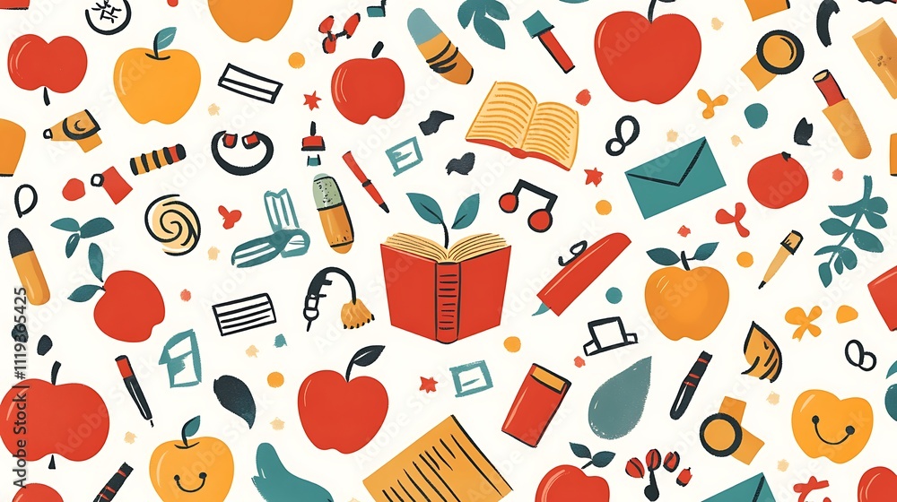 Colorful Apples Books and School Supplies Pattern Colorful Apples Books and School Supplies Pattern