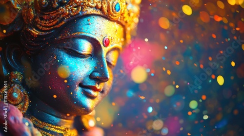 Close-up of a Serene Goddess Statue Adorned with Gold and Glitter, Bathed in a Vibrant, Colorful Bokeh Background, Evoking Spirituality and Tranquility