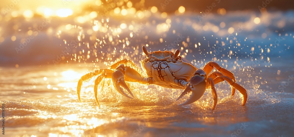 Crab walking on beach at sunset, water splashing. Crab walking on beach at sunset, water splashing.