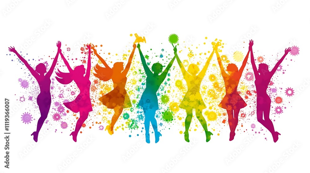 Colorful Women Jump Joyfully Celebrating Togetherness Colorful Women Jump Joyfully Celebrating Togetherness