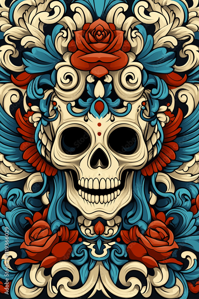 A skull with a rose and a flower on it is smiling. The skull is surrounded by a colorful design that includes blue, red, and white elements. Scene is cheerful and lighthearted A skull with a rose and a flower on it is smiling. The skull is surrounded by a colorful design that includes blue, red, and white elements. Scene is cheerful and lighthearted